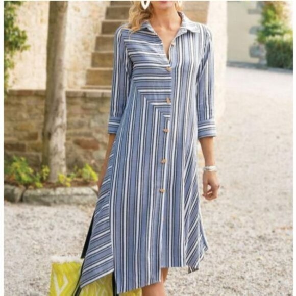 Soft Surroundings Stripe Standout Dress Wood Button Asymmetrical Hem Size M - Picture 1 of 11